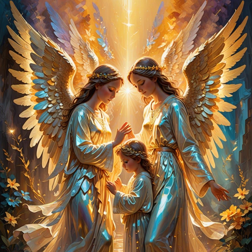 Angelic Family in Golden Light: Oil Painting