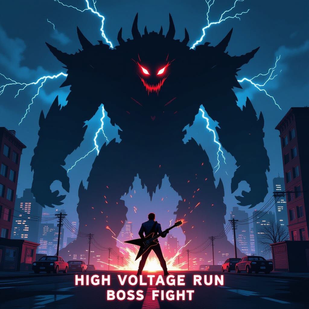 Epic Cyberpunk Battle: Guitar Hero vs. Lightning Monster