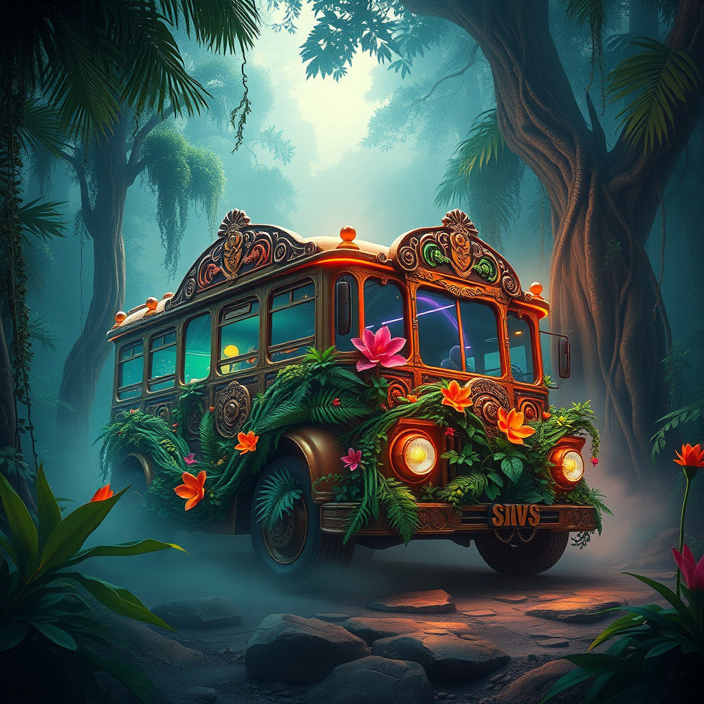 Ornate Bus in Jungle Fantasy Concept Art