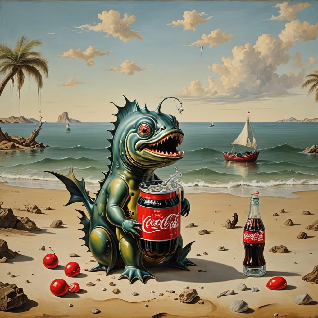 baby piranha drinks Coca-Cola on the seashore