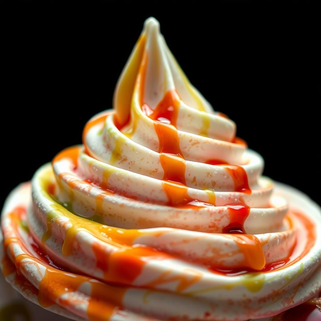 Whipped Ice Cream with Colorful Sauces in Hyperrealistic Clo...
