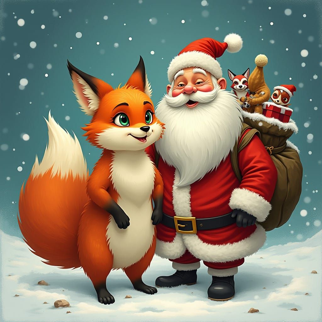 Whimsical Santa Claus and Foxy Friend Amidst Winter Wonderla...