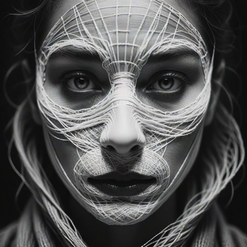 Mysterious Portrait with Thread Mask in Noir Style
