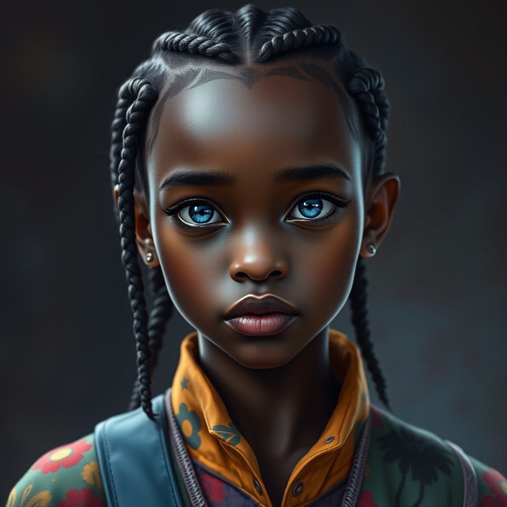 a painting of a young girl with blue eyes,