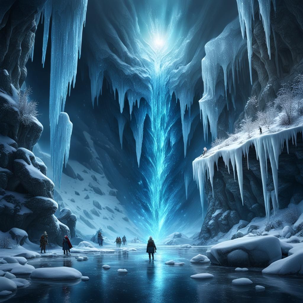 Frozen Figures in Ice Cave: Detailed Matte Painting