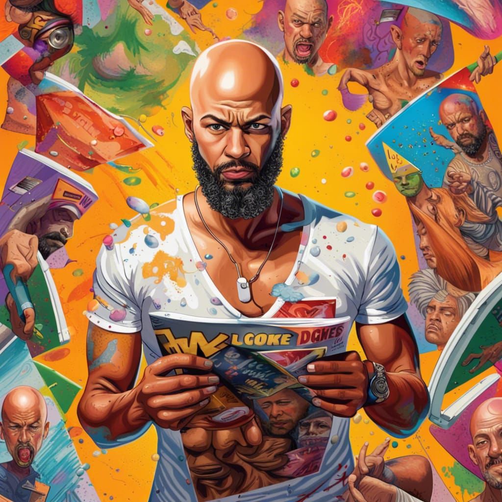 Bald Man on Toilet in Splash Art Style