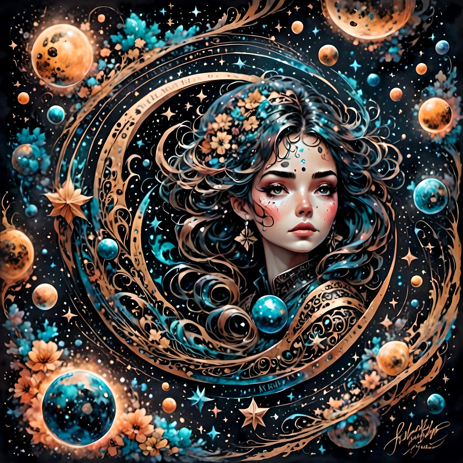 Cosmic Female Portrait with Lettering in Hyperrealism