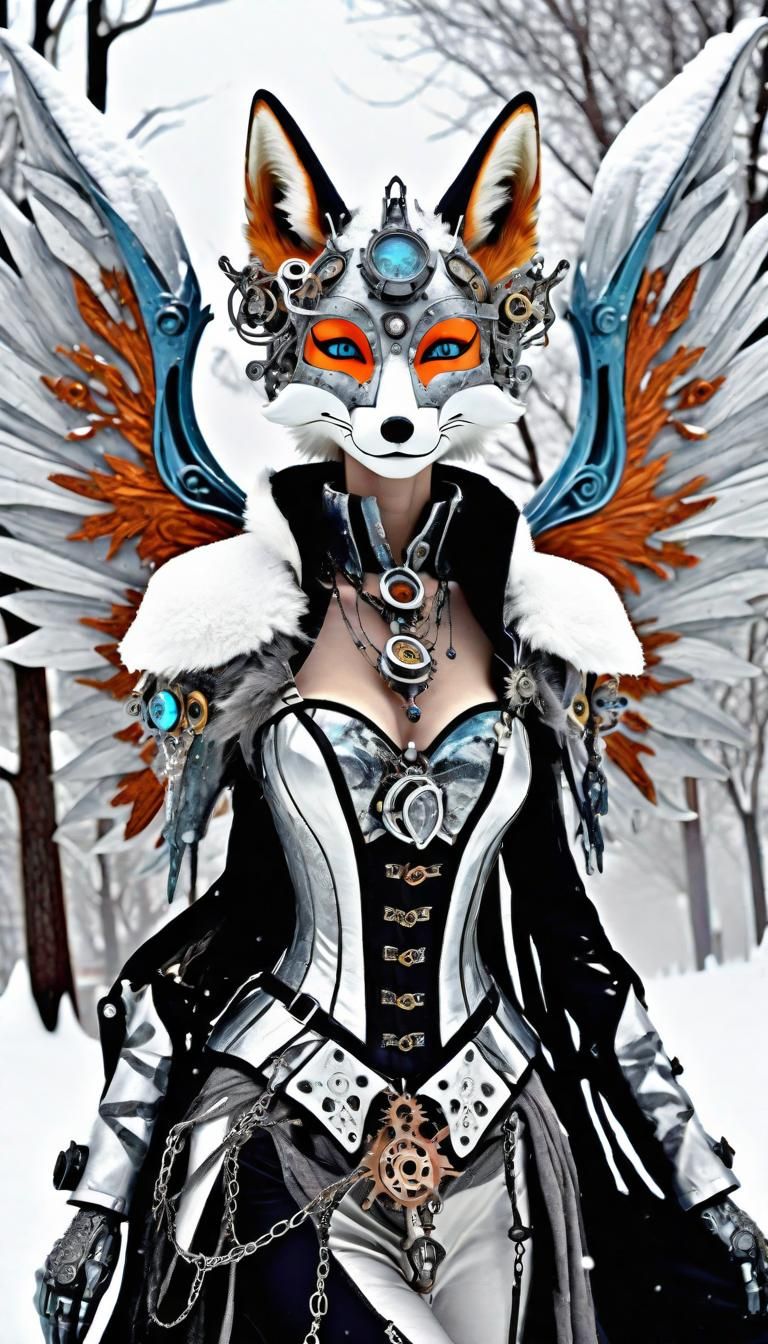 Hypereealistic, Steampunk Aether powered ,winged  fox kitsune mecha, Crystal ice mecha,  Unseelie  Foxes at play in the ...