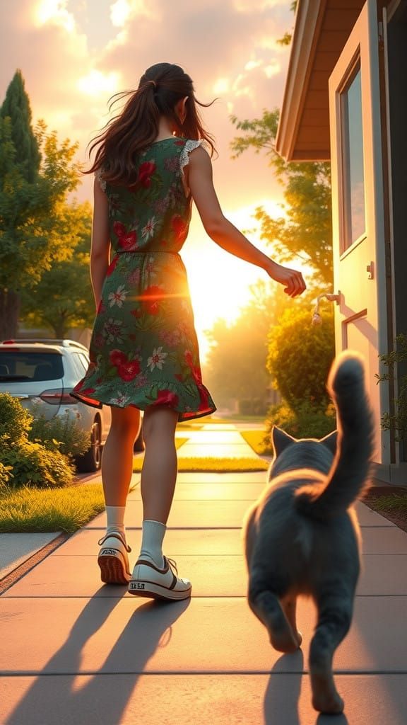 Whimsical Disney Pixar Inspired Scene of a Woman and Her Cat...