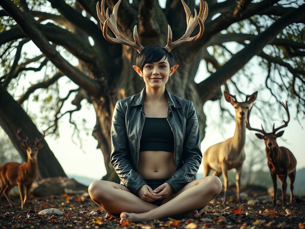 Woman with Antlers in Lotus Position: Cinematic Photo