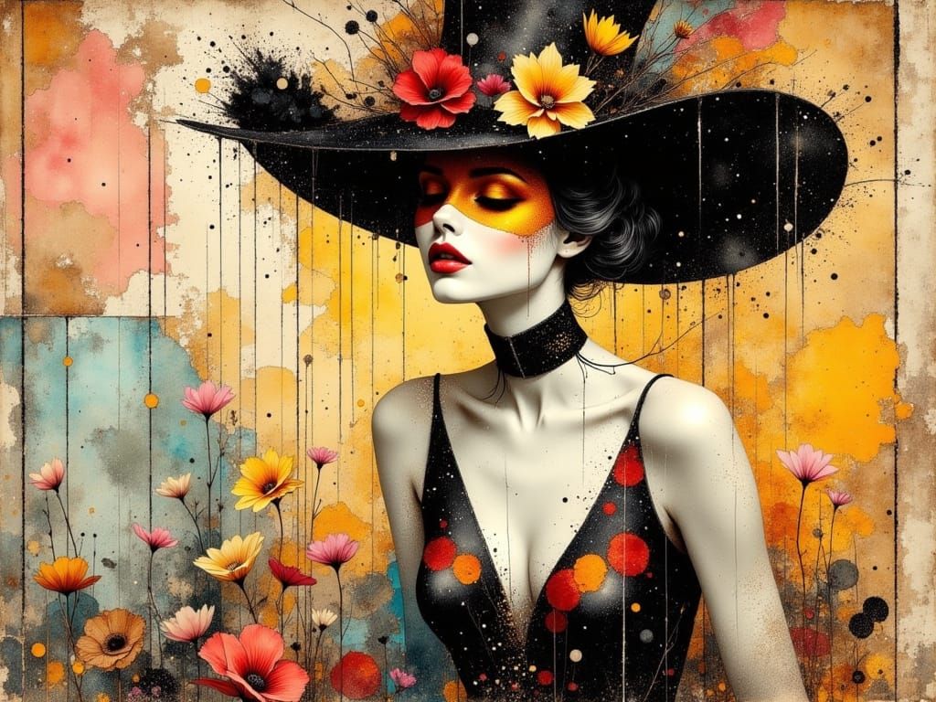 Elegant Woman in Masquerade Attire, Mixed Media Collage