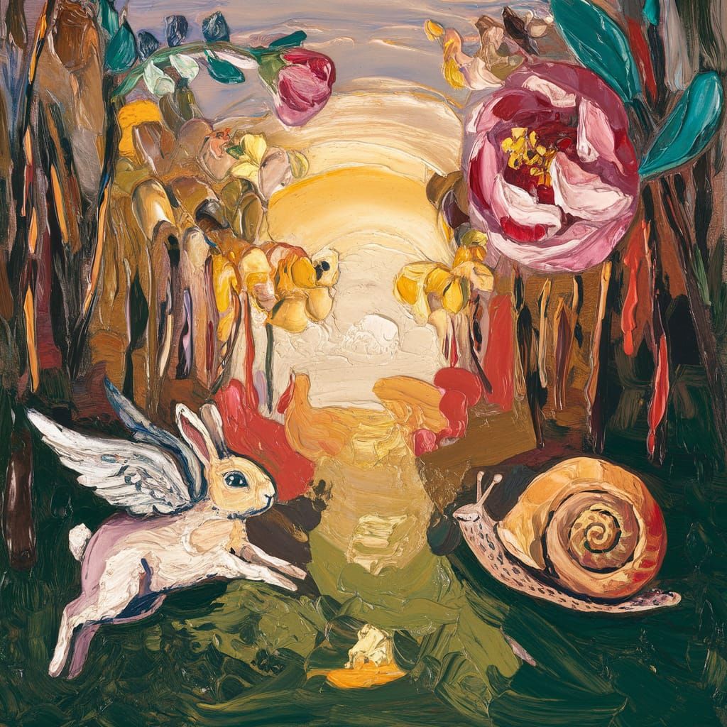 Impressionist Forest Scene with Flying Flower and Animals