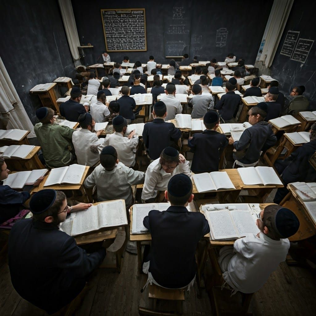 Jewish Boys Study Talmud Torah in a Classroom