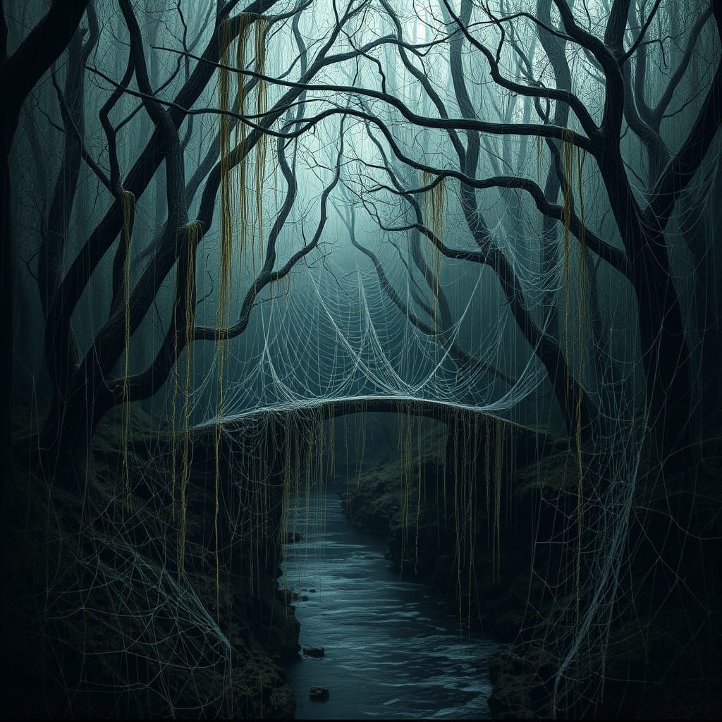 Ancient Spider Web Forest With Iridescent Vines and Bridge