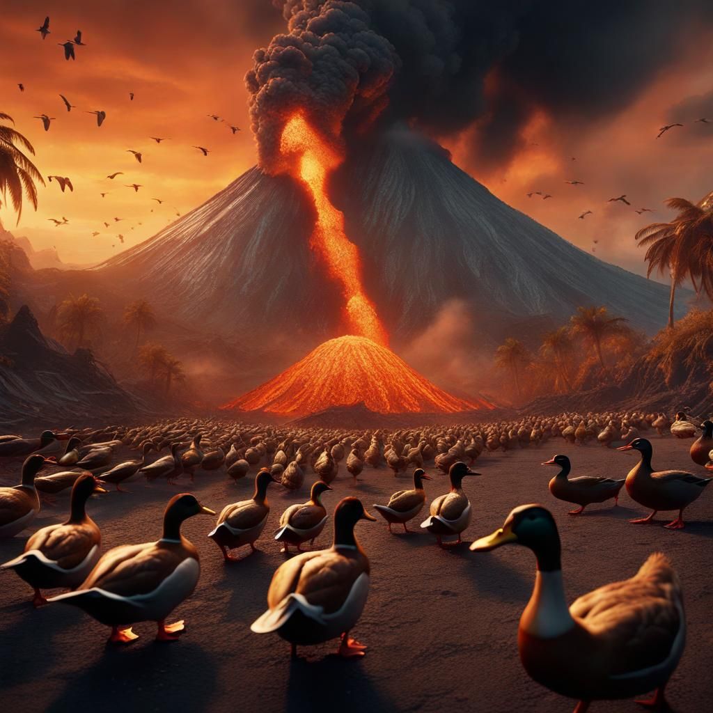 Ducks' Volcanic Feast: A Matte Painting