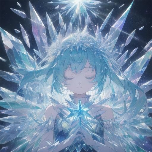 Crystal Anime Art of Hatsune Miku in Ice Cave