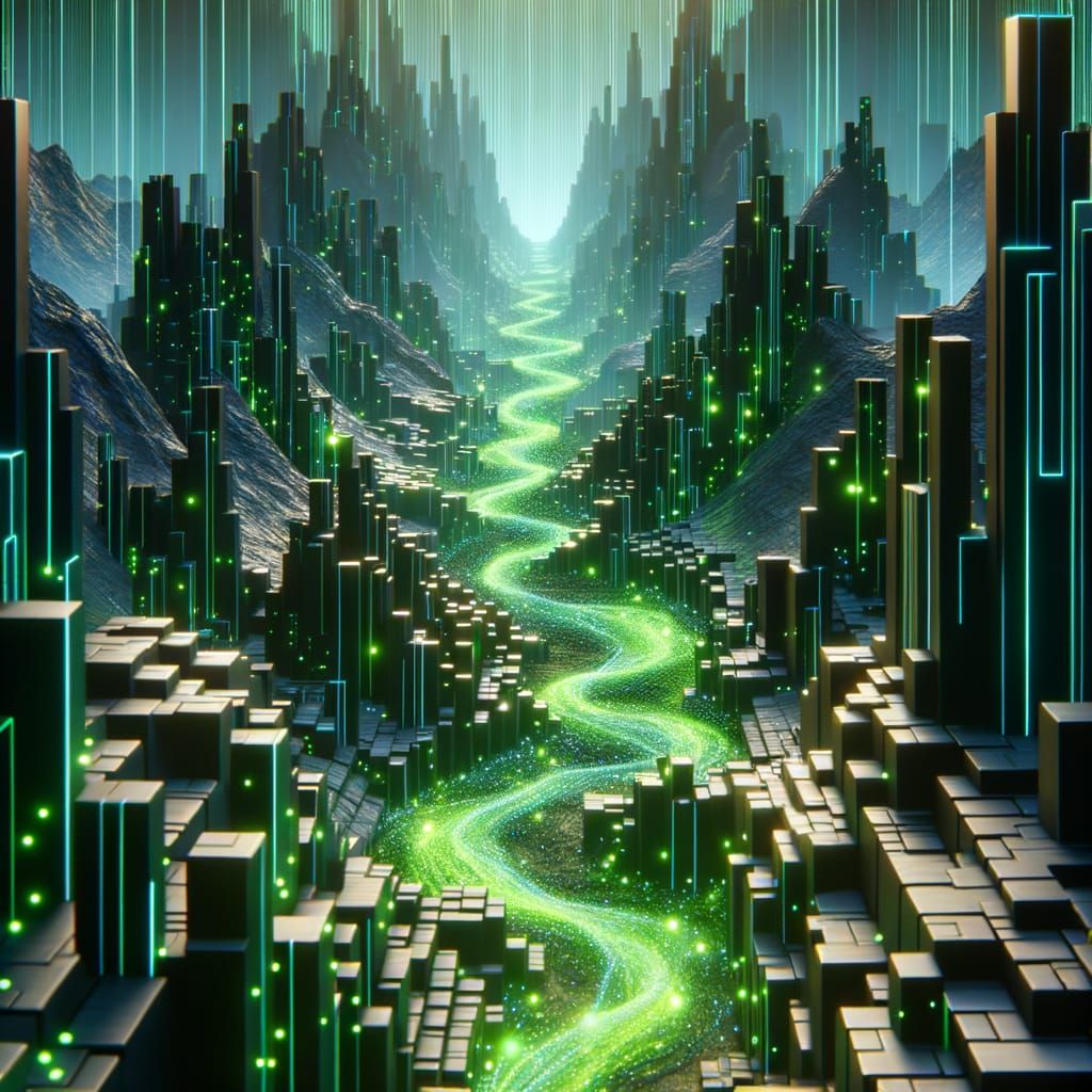 Cyberpunk Code River in Digital Sci-Fi Landscape