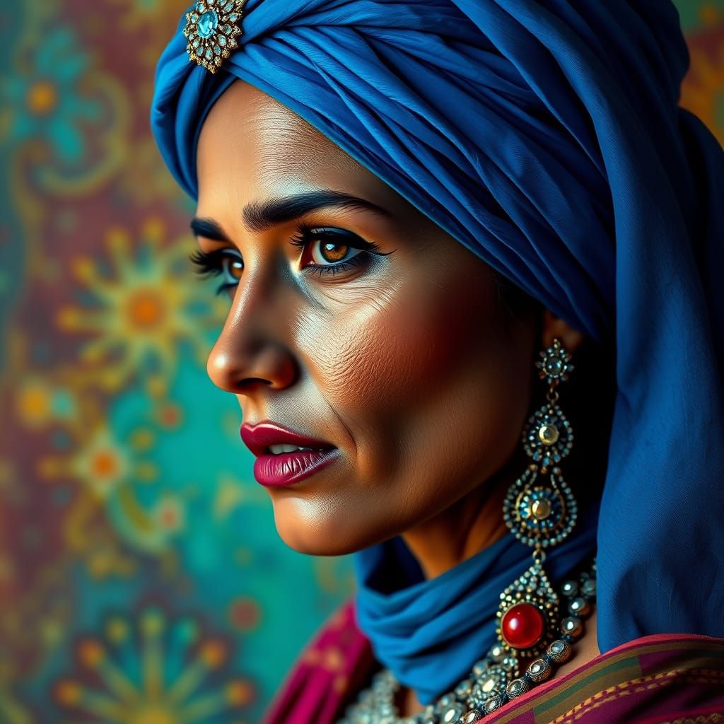 Sikh Woman in Blue Turban: Hyper-Realistic Digital Portrait