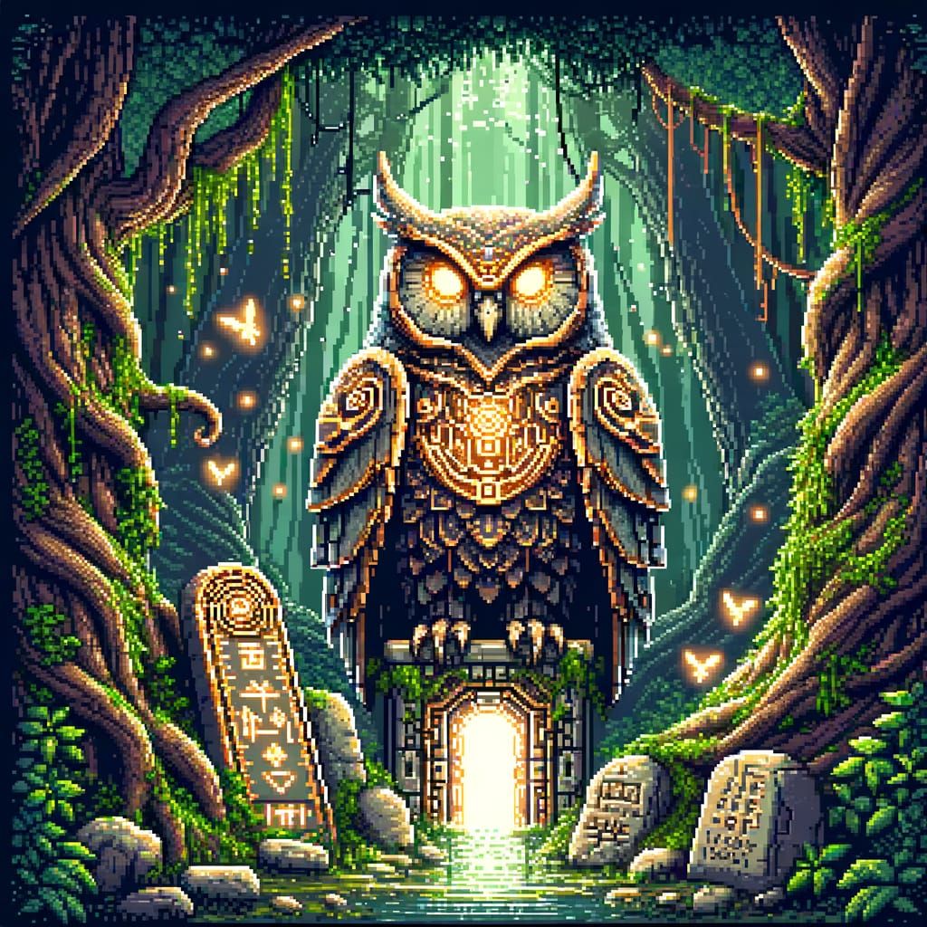 Ancient Armored Owl Guardian in 16-bit Pixel Art