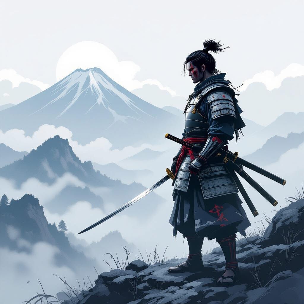 Samurai on Windswept Peak: Japanese Art Style