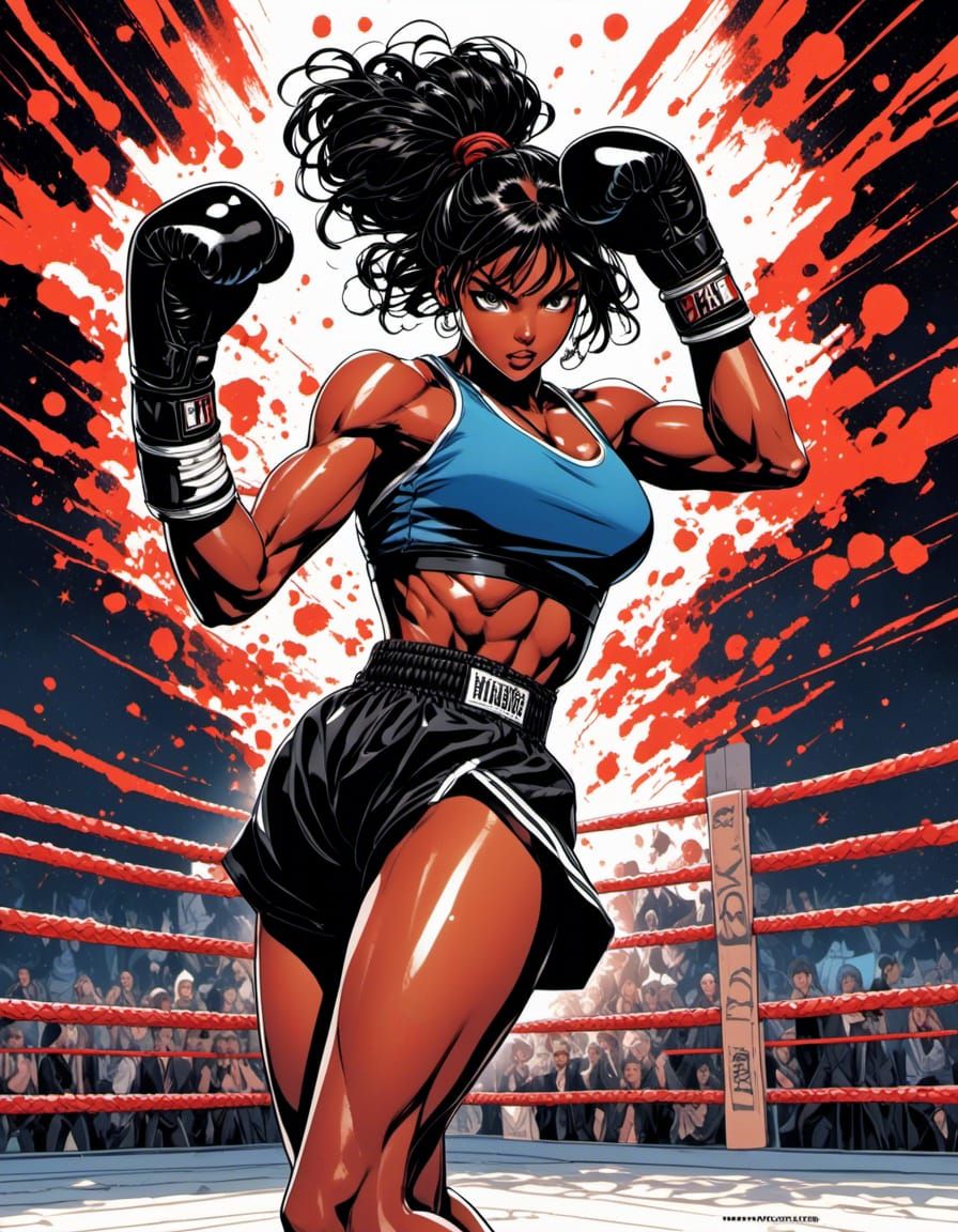 Victorious Black Female Boxer in 80s Anime Style