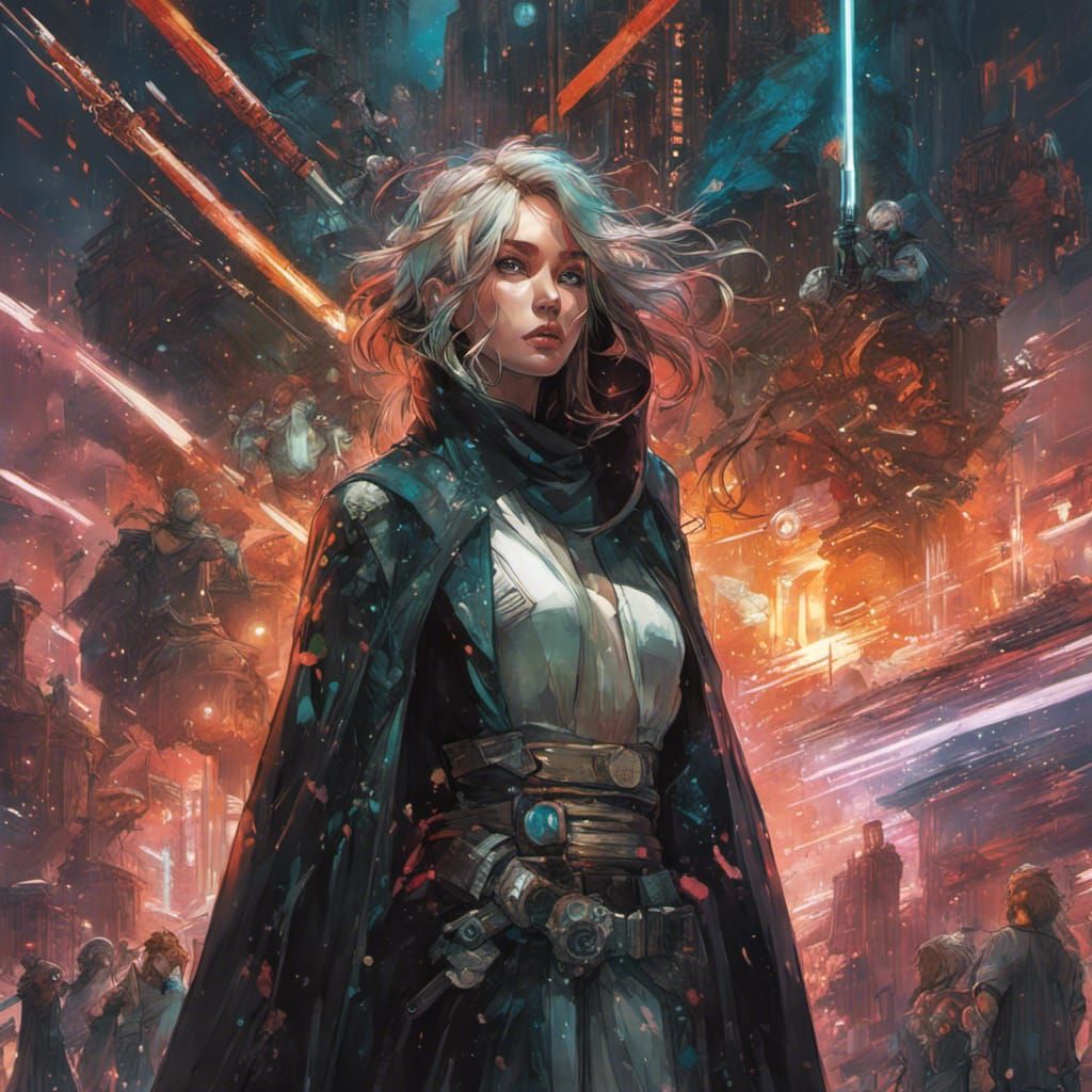 Female Jedi with Lightsaber and Androids