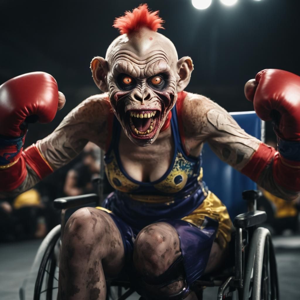 Cinematic Paralympic Zombie Clown Boxer in Golden Hour