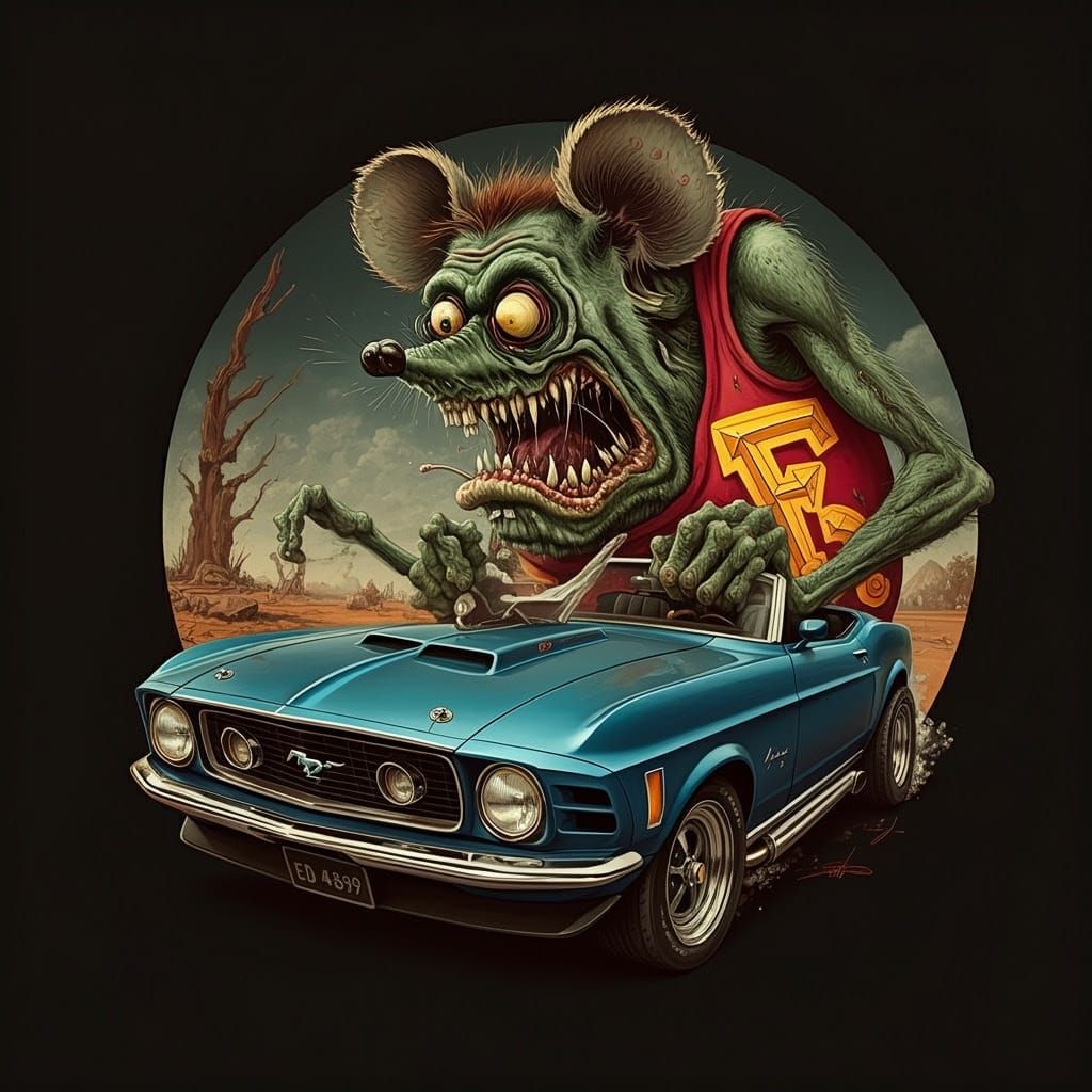 Ed Roth-Inspired Rat Fink Cruises in a 1972 Ford Mustang