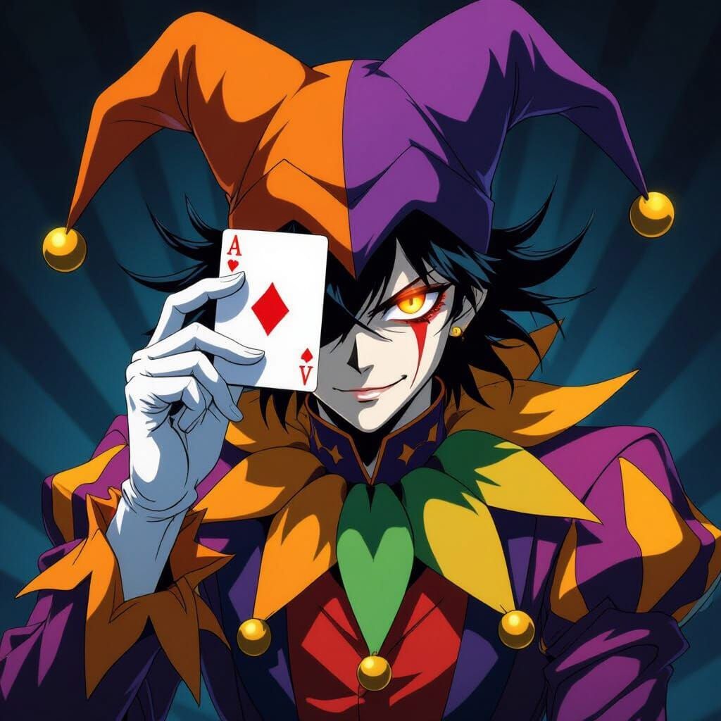 Anime Jester Character with Orange Eye and Ace Card