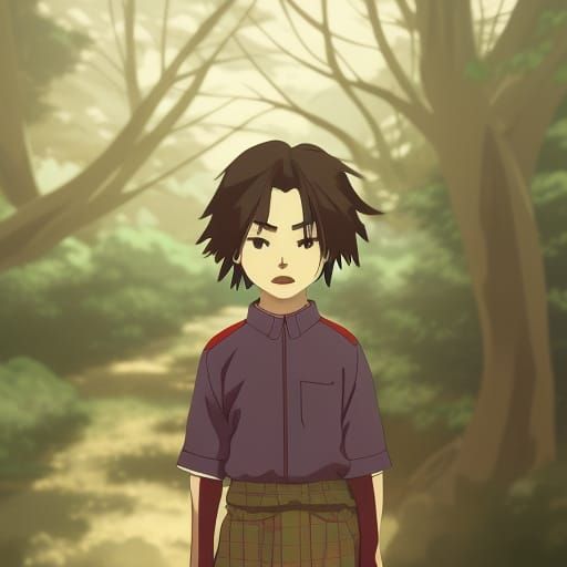 Boy with Checkered Haori in Studio Ghibli Style
