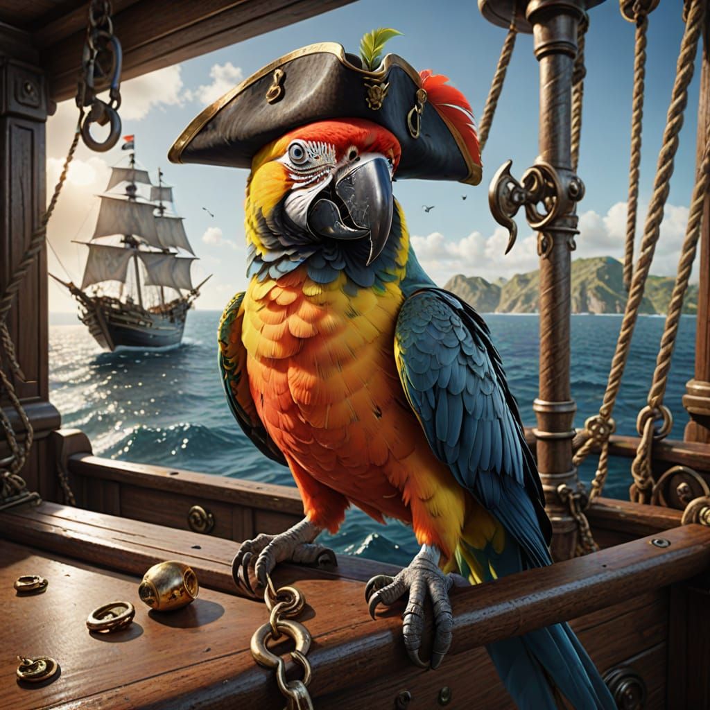 Photorealistic Pirate Parrot with Treasure