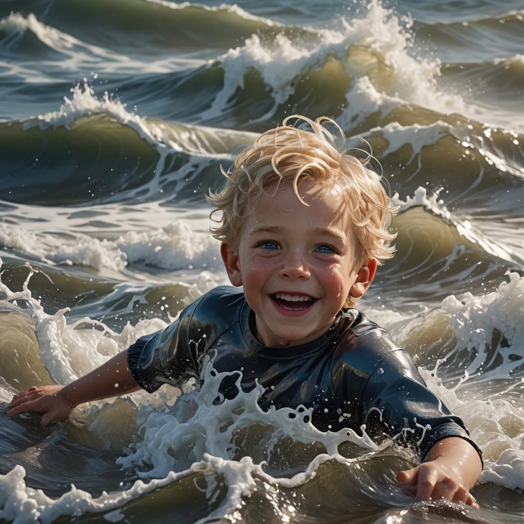 Happy Blond Boy Plays in Waves: Hyperrealistic Art