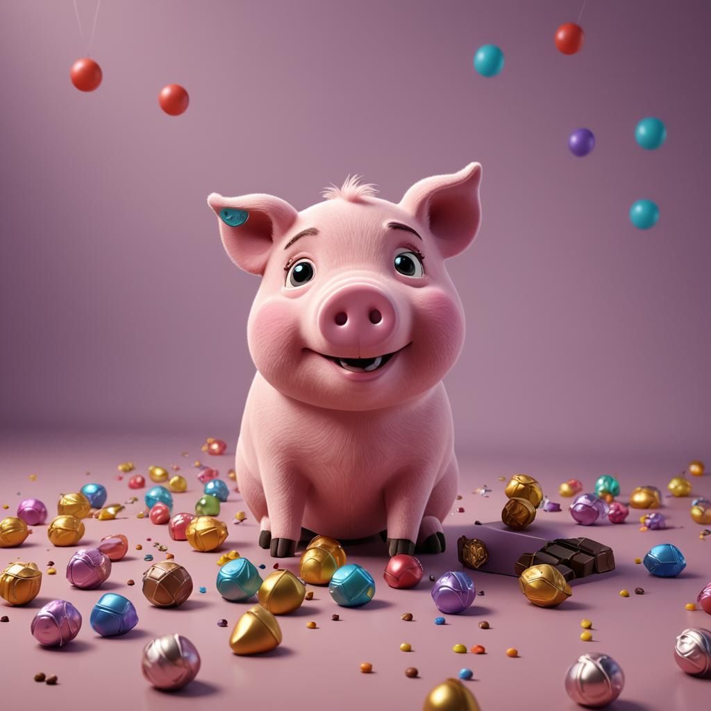 Stuffed Toy Pig with Chocolates: 3D Digital Art