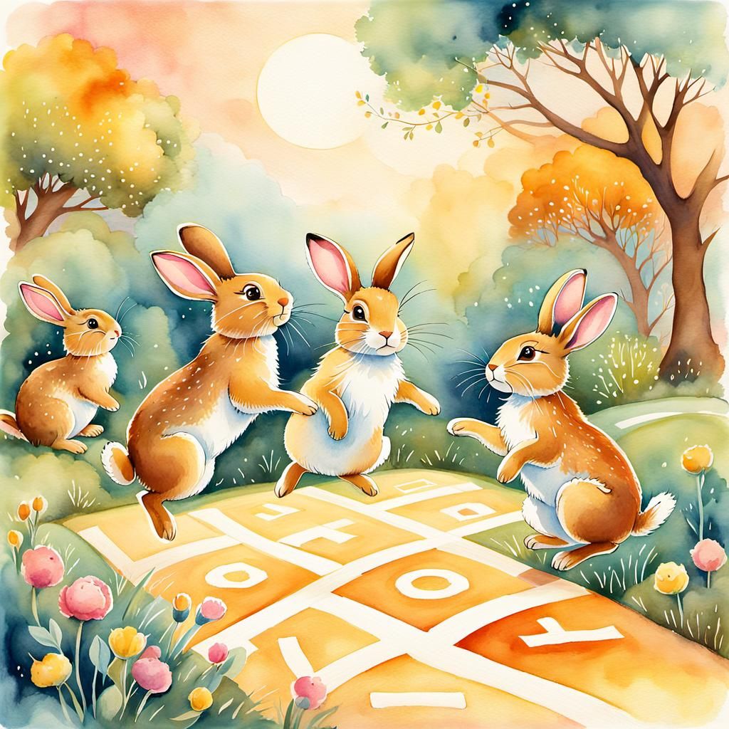 Rabbits Play Confusing Hopscotch: Watercolor Storybook Art