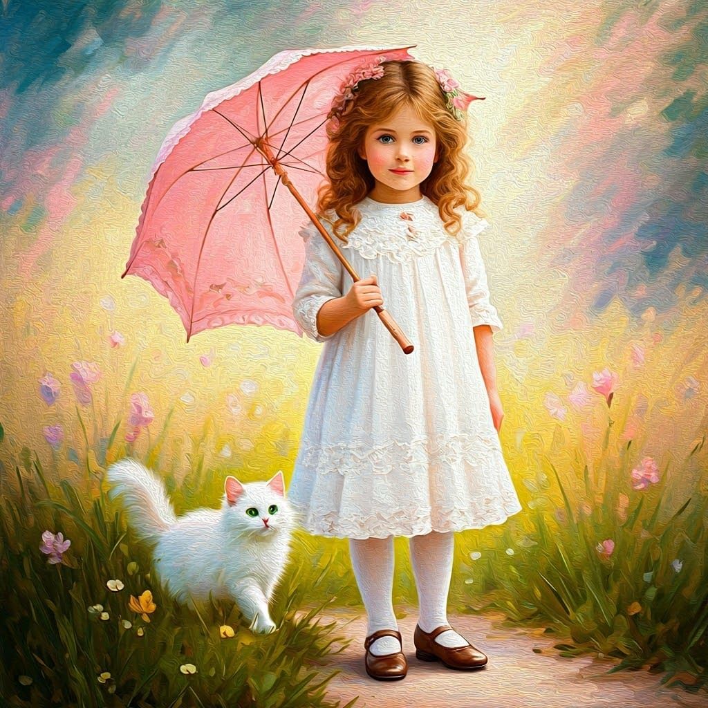 Young Girl with Fluffy Kitten and Pink Parasol in Dreamy Lig...
