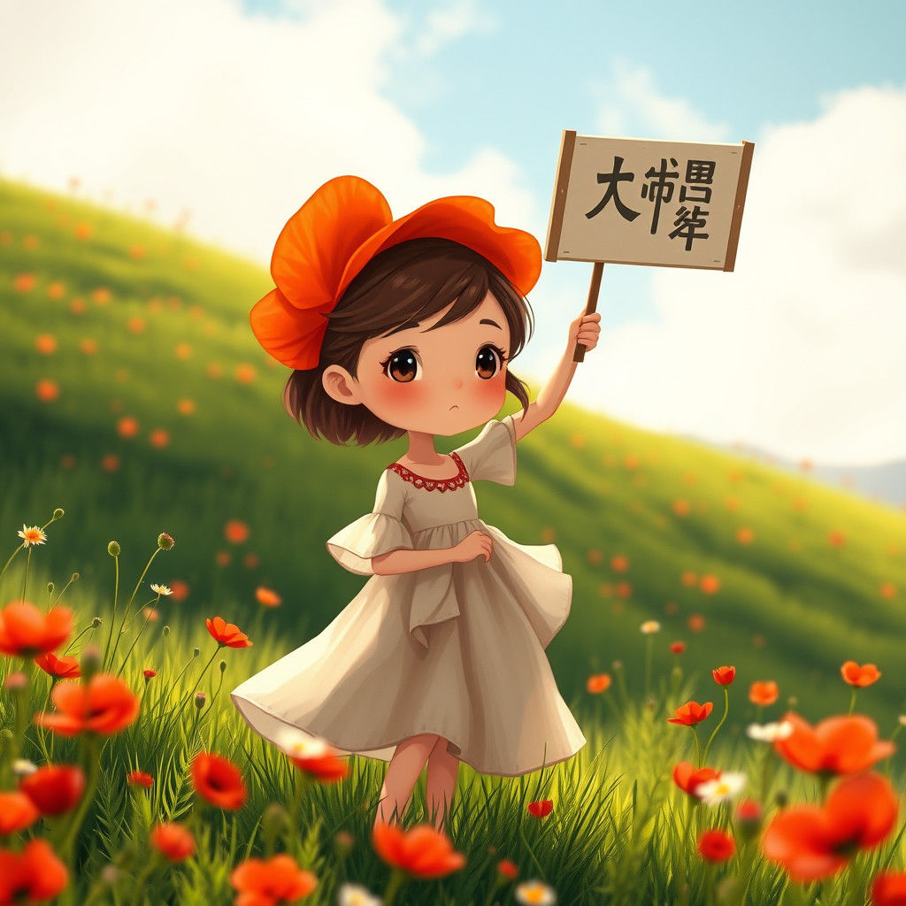 Poppy-Flower Girl Protesting on Green Hillside, Anime Style