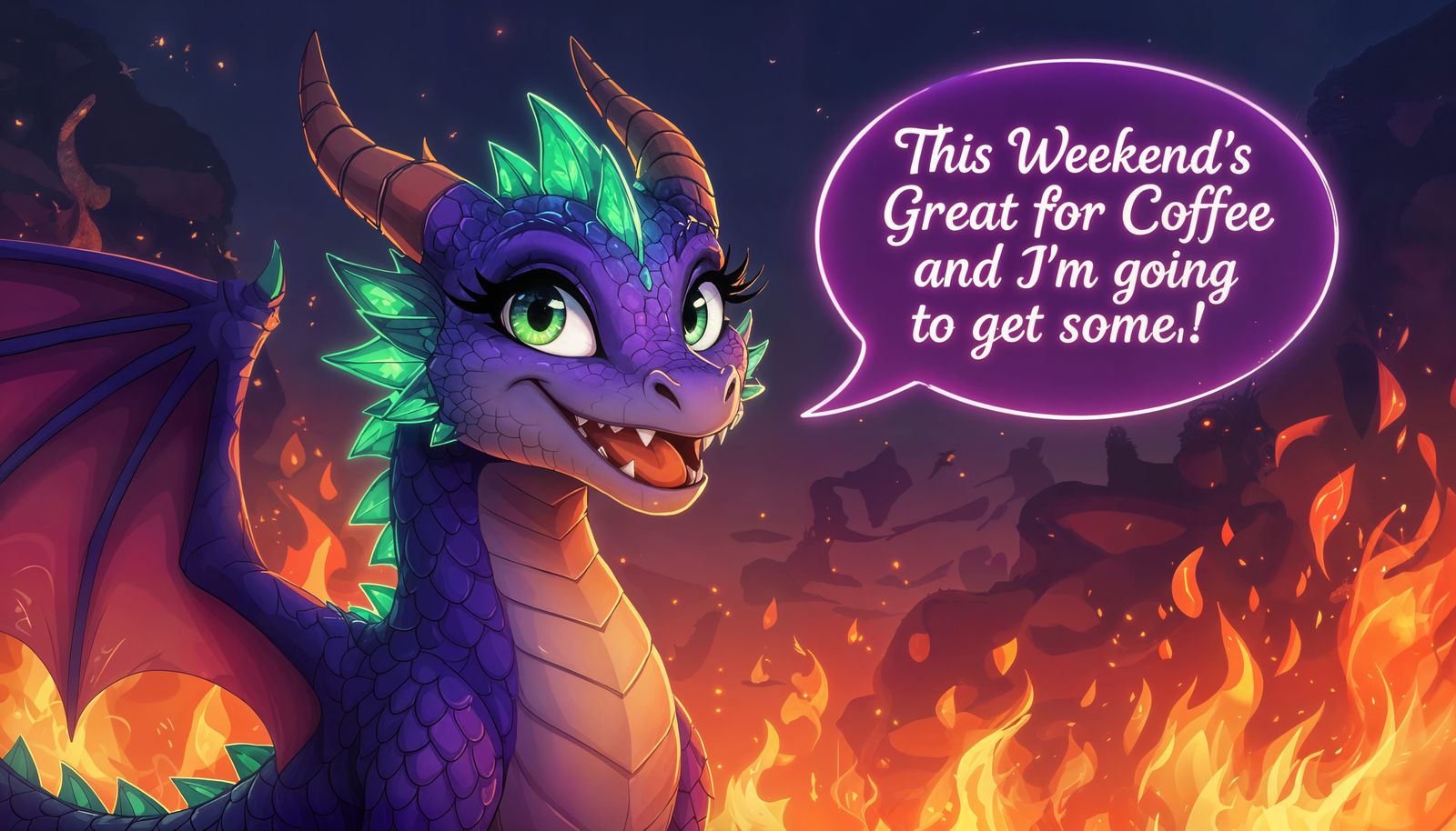 Smiling Dragon with Glowing Scales Amidst Blue Flames