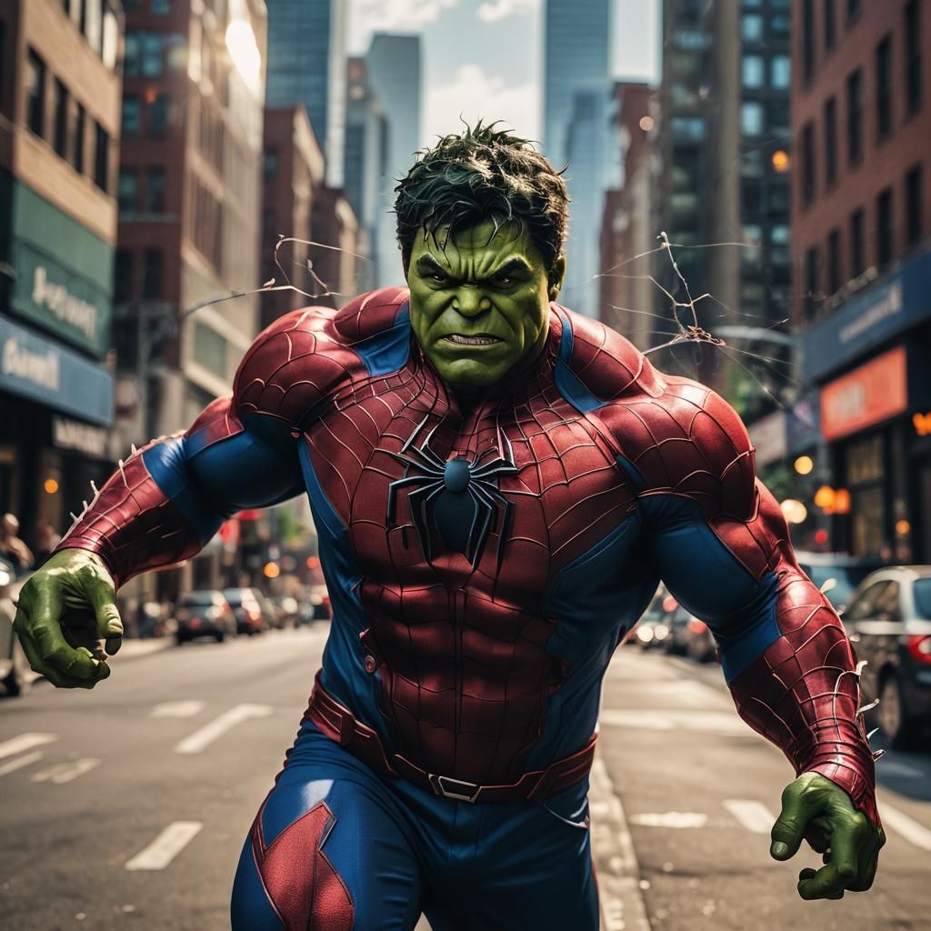 Hulk with Spider-Man Powers in Heroic City Portrait