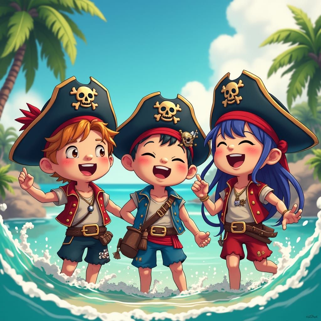 Cartoon Pirates on Tropical Island in Anime Style