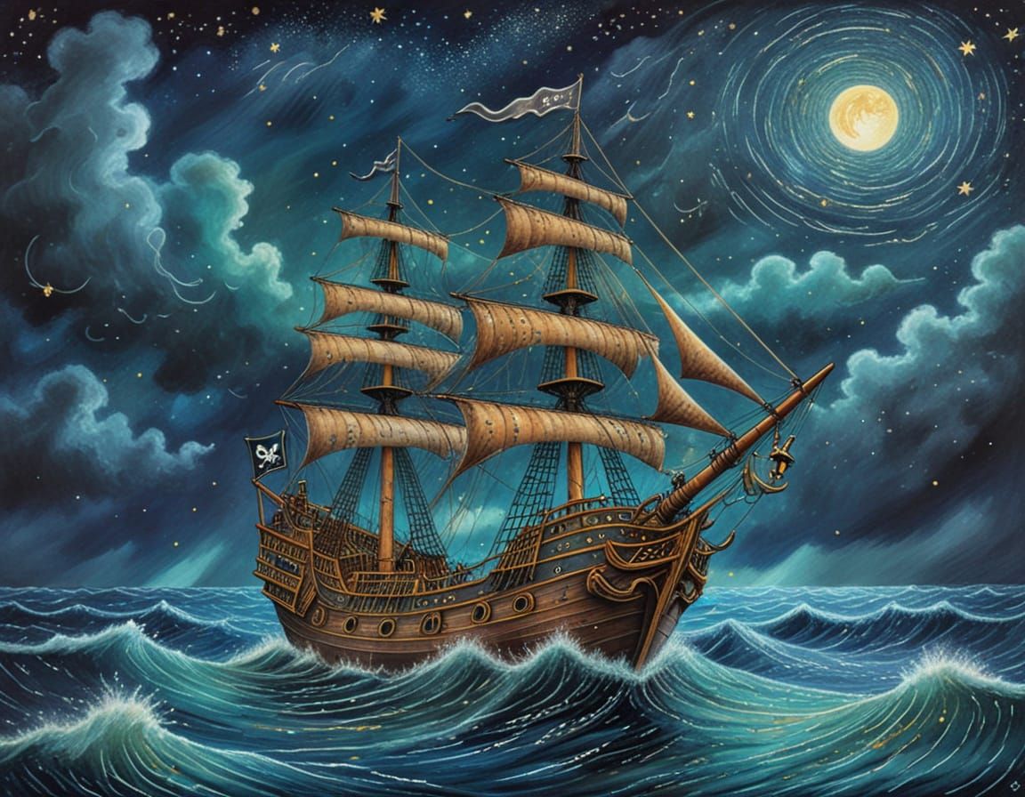 Pirate Ship Under Starry Stormy Skies in Vibrant Cartoon Sty...