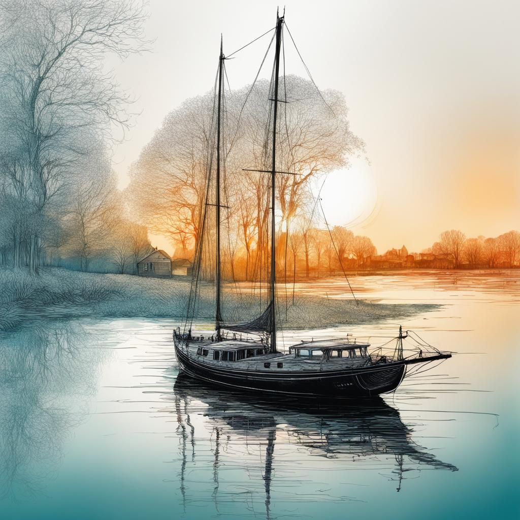 Double Exposure Sailboat Silhouette in Holland, Ink Drawing