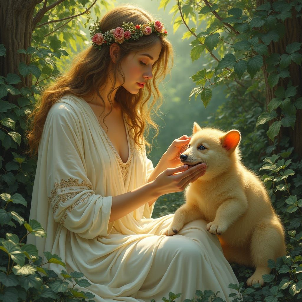 Greek Girl Healing Creature in Art Nouveau Style