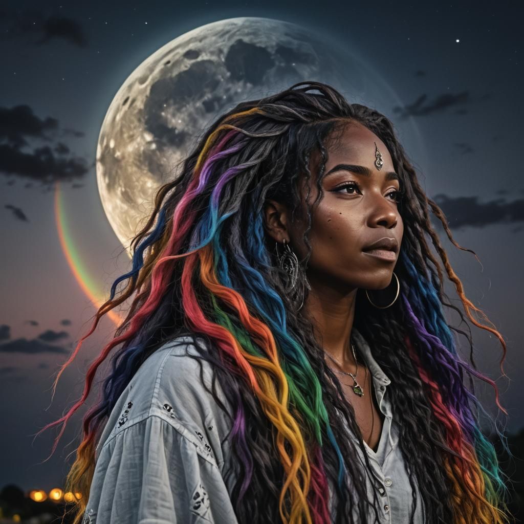 Black Woman with Rainbow Hair Under the Moon