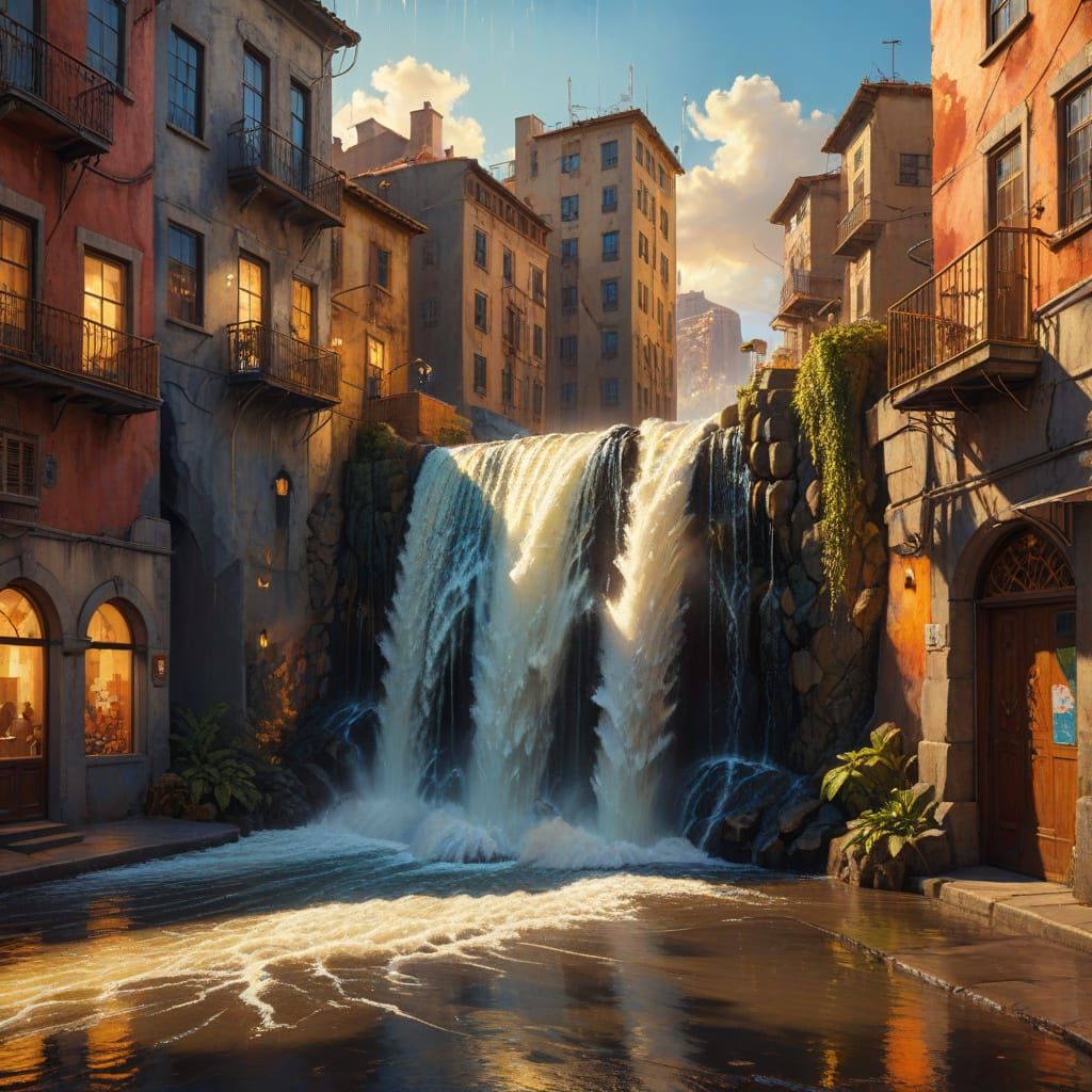 Surreal Waterfall Cascades Down City Street