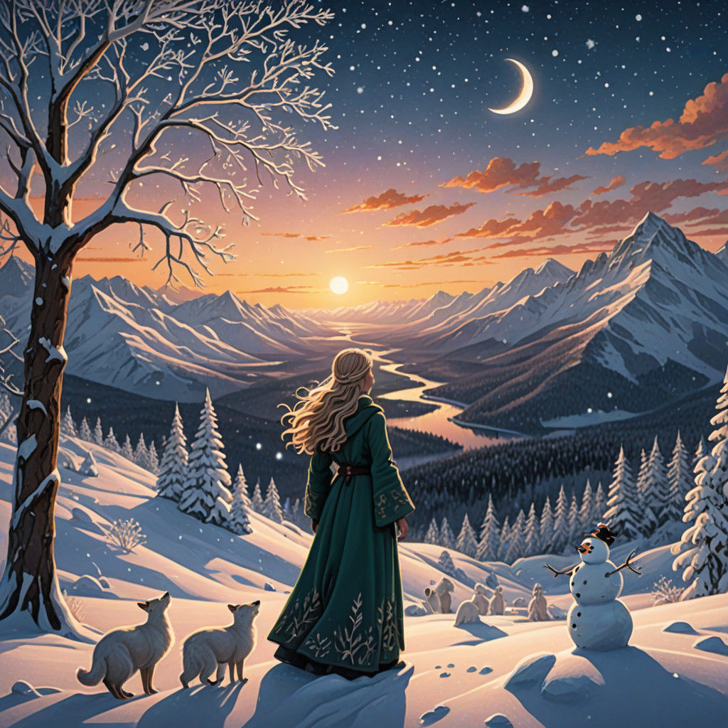 Winter Goddess in Snowy Bas-Relief Wonderland