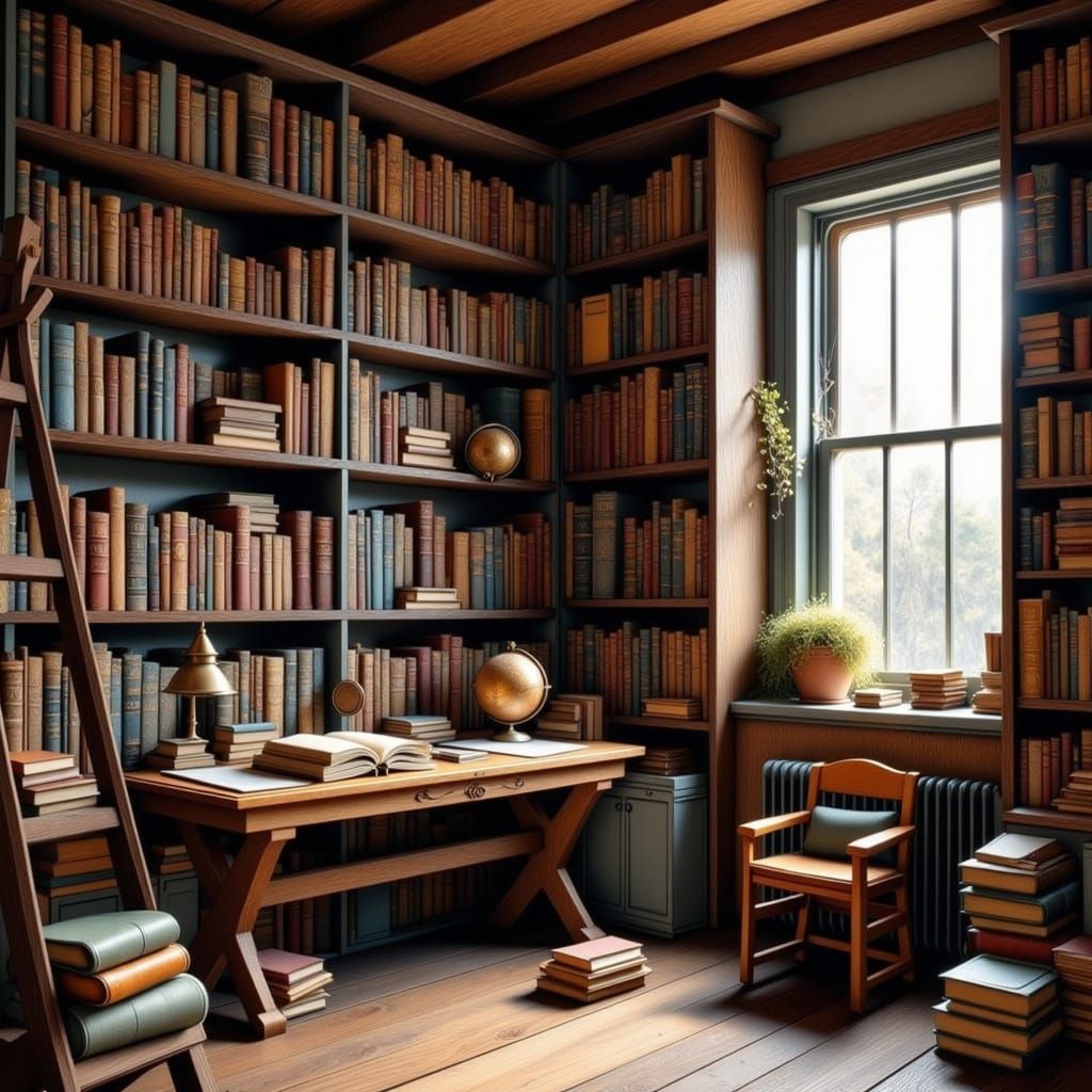 Whimsical Beatrix Potter-Style Library in Warm, Cozy Colors