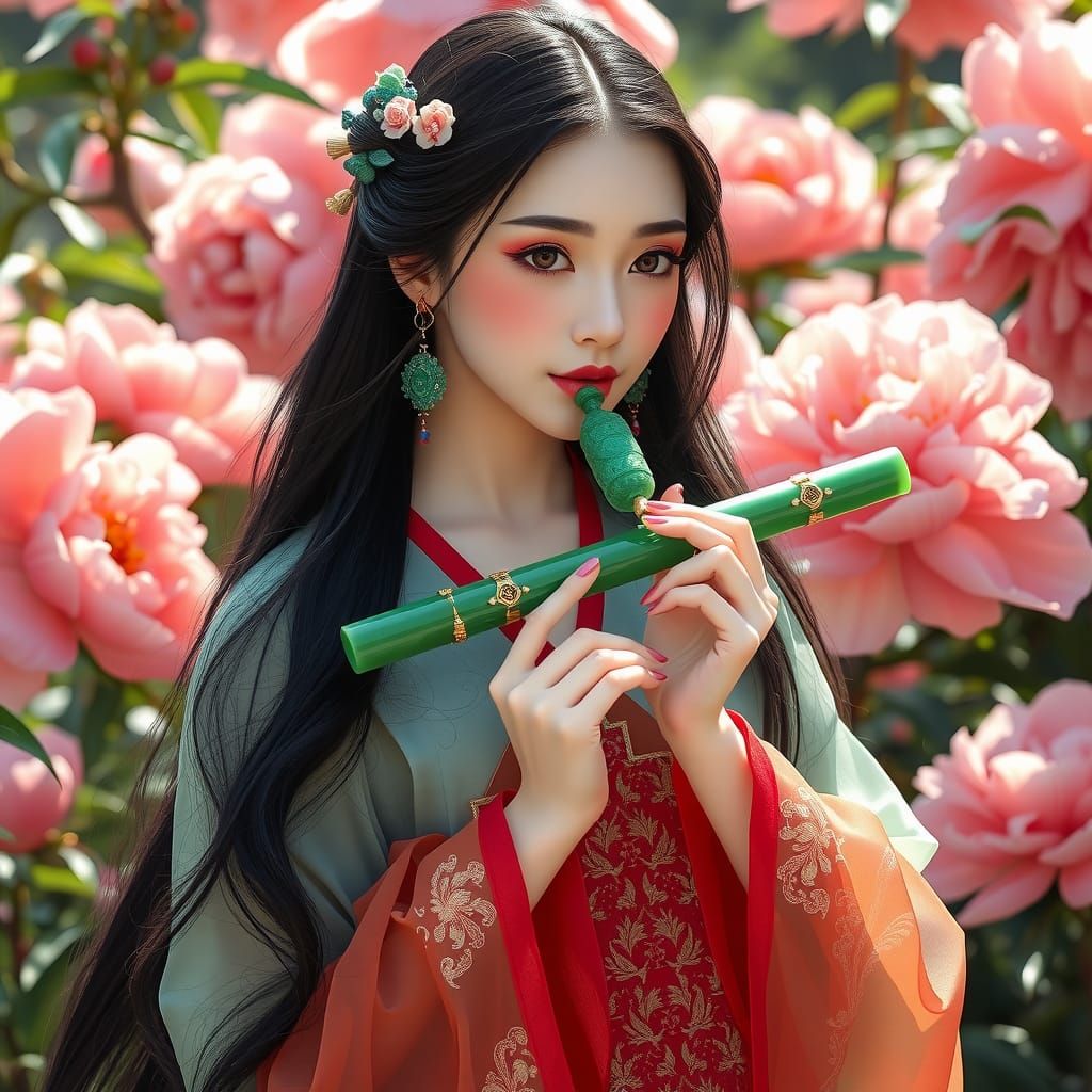 Chinese Woman in Peony Garden with Jade Flute