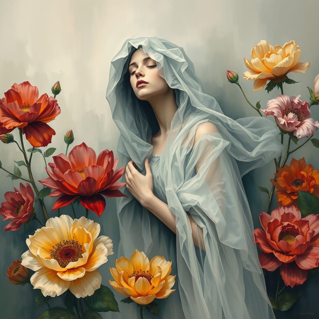Contemplative Figure Among Blooms in Gouache Style