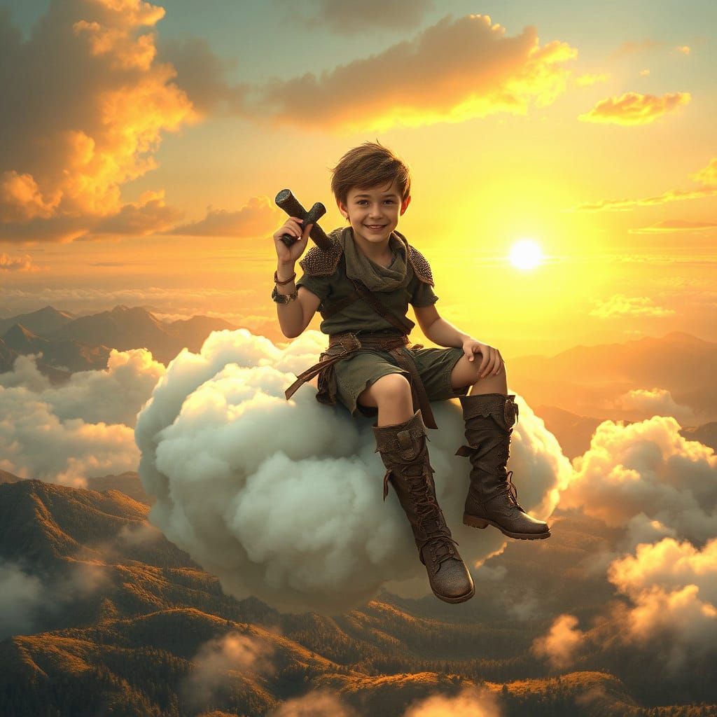 Boy on Cloud Edge with Catapult