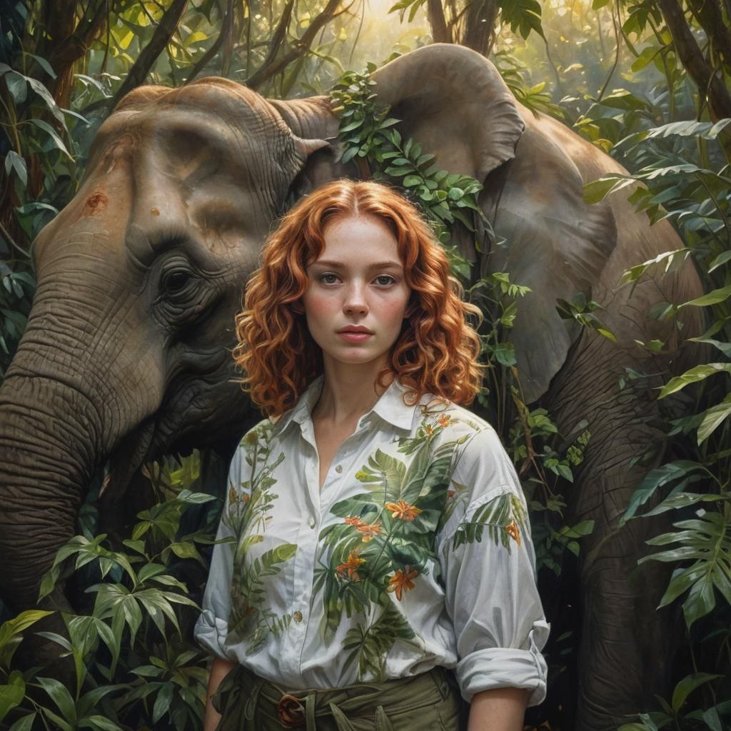Woman and Elephant in Jungle, Oil Painting Style